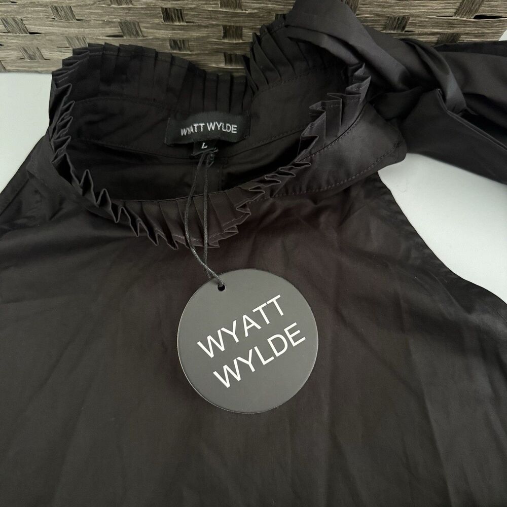 WYATT WYLDE Maxi Dress Large L Black Womens Helena Tie Neck Pockets Cotton New - Picture 6 of 13